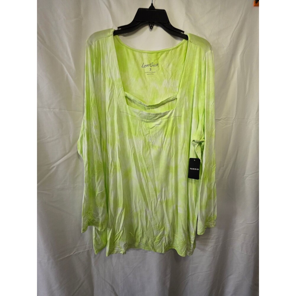 Torrid LoveSick Lime Green Tie Dye Strappy Square Neck Long Sleeve Top 3X